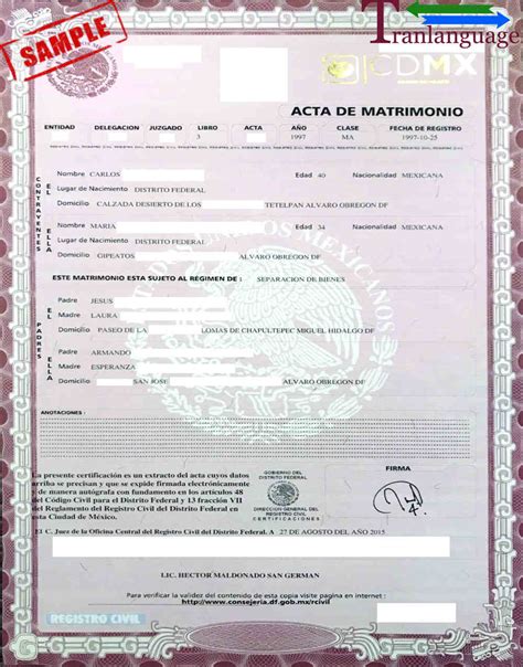 mexican marriage certificate translation template